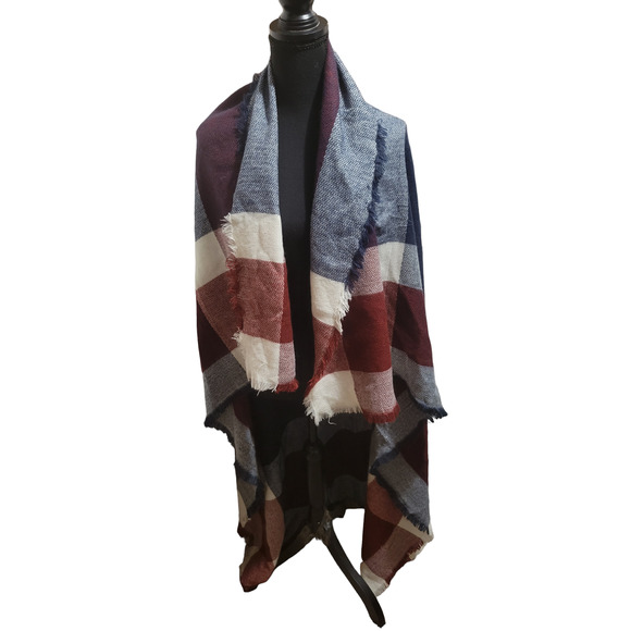 Macchia di Ruggine Blue Red White Plaid Colorblock Wrap Scarf - Picture 2 of 5